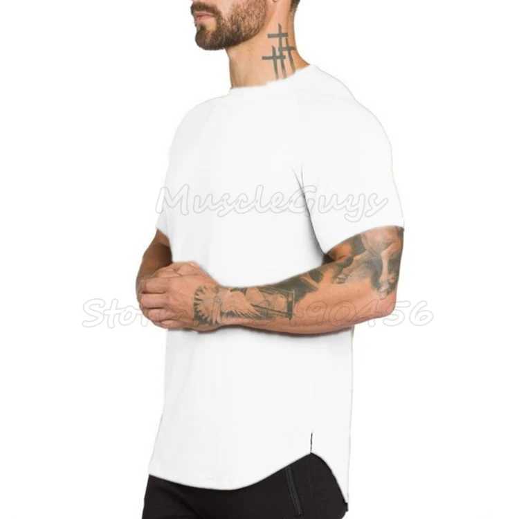 Brand gym clothing fitness t-shirt mens fashion extension hip-hop summer short sleeved t-shirt cotton bodybuilding muscle t-shirt M250108