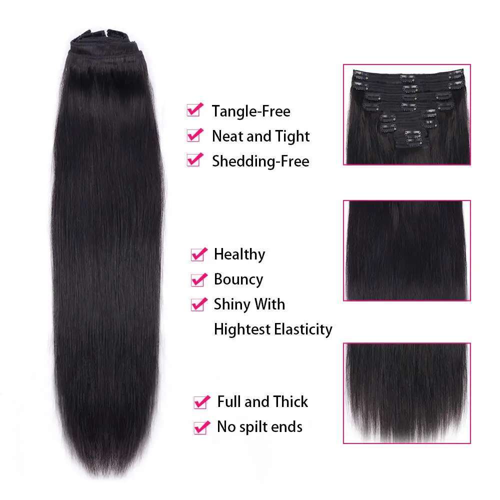 Straight Brazilian Human Hair Clip In Full Head Seamless Natural Black 1B For Women