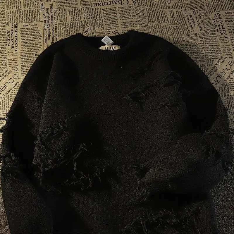 Autumn and Winter Trend High Street Threaded Round Neck Solid Color Distressed Tassel Mens Knitted Pullover Sweater 250106