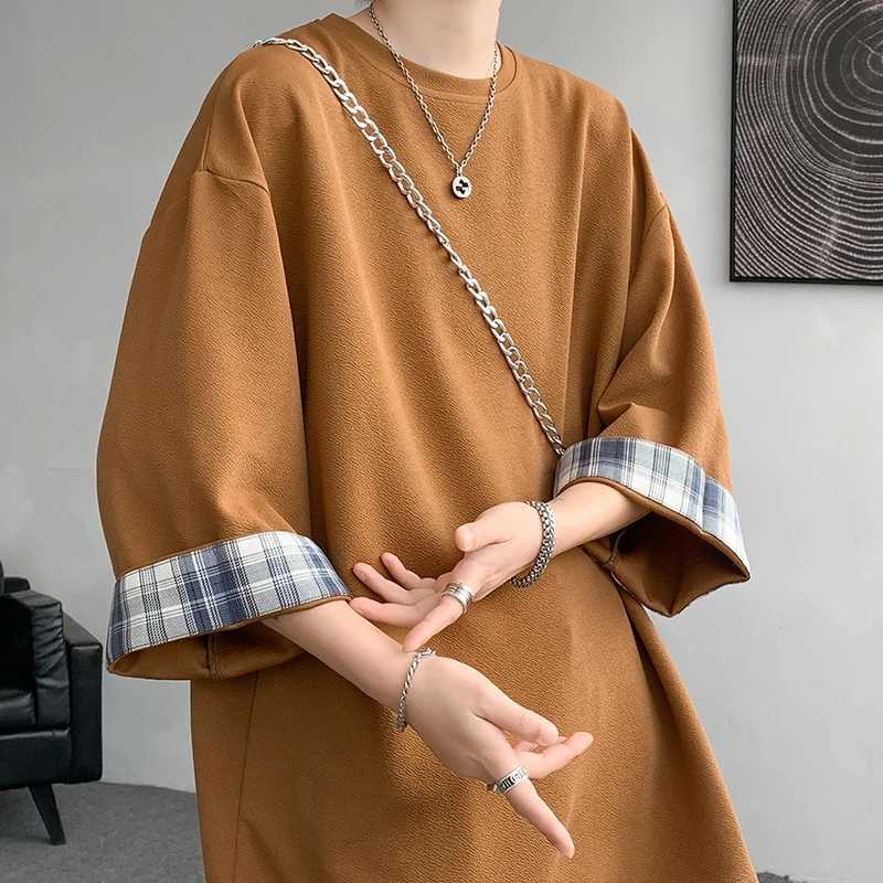 High Quality 8XL-M Spring/Summer Mens Ice Silk T-shirt Womens Extra Large Grid T-shirt Korean Casual Seven Sleeve Mens T-shirt T250108