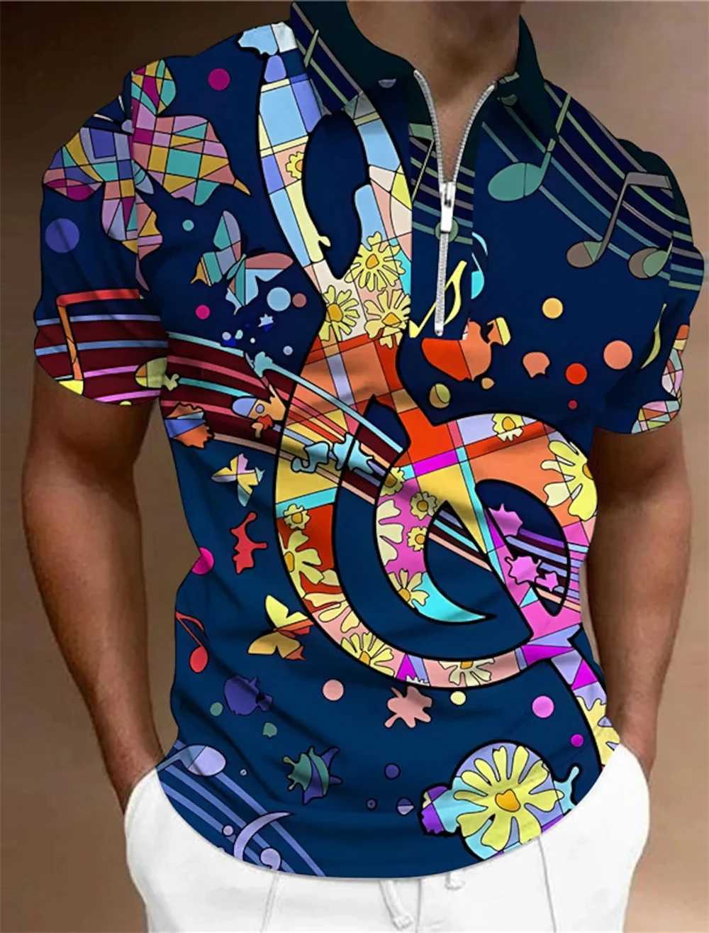 Design Polo Shirt Music Notes Light Prints Mens Tops Golf Graphic Short Sleeves Zipper Polo Shirt Fashion Casual Men ClothingXJ250108