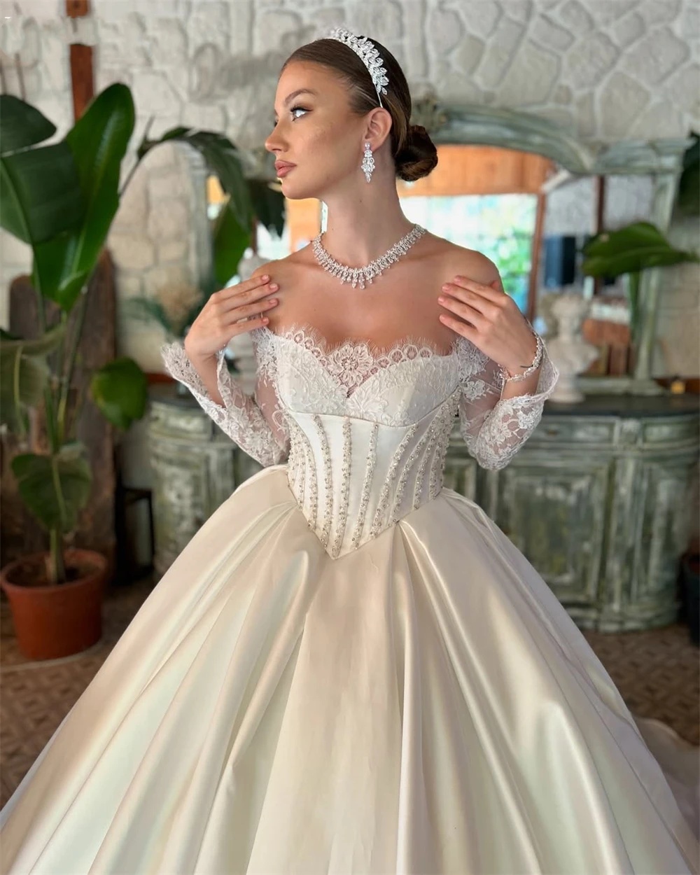 Elegant A-e Bridal Dress with Lace Appliques, Off-Shoulder Long Sleeves, Sweep Train, Customizable, 2024 Wedding Gown