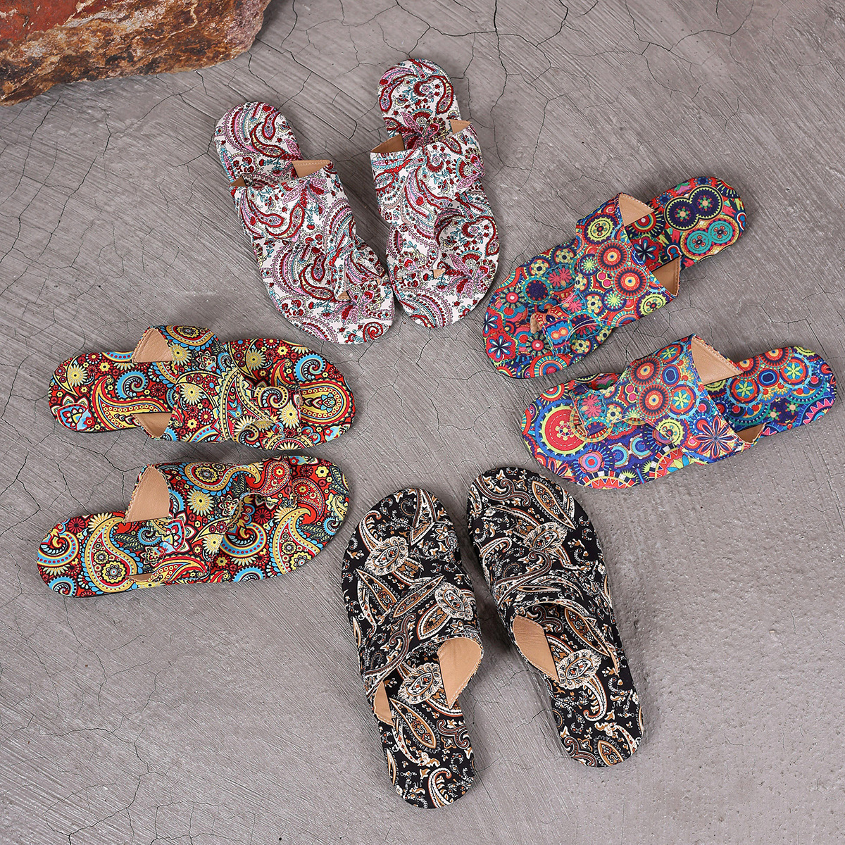 National style flat set toe slippers female 2025 new breathable printed Roman style foreign trade slippers