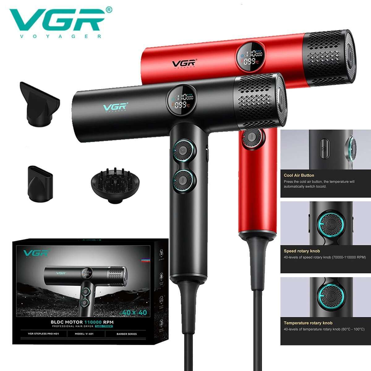 Hair Dryers VGR Dryers Professional Air Blower Negative Ion 110000 RPM Hair Dryer Hine BLDC Motor Barber Salon V-401 z250305