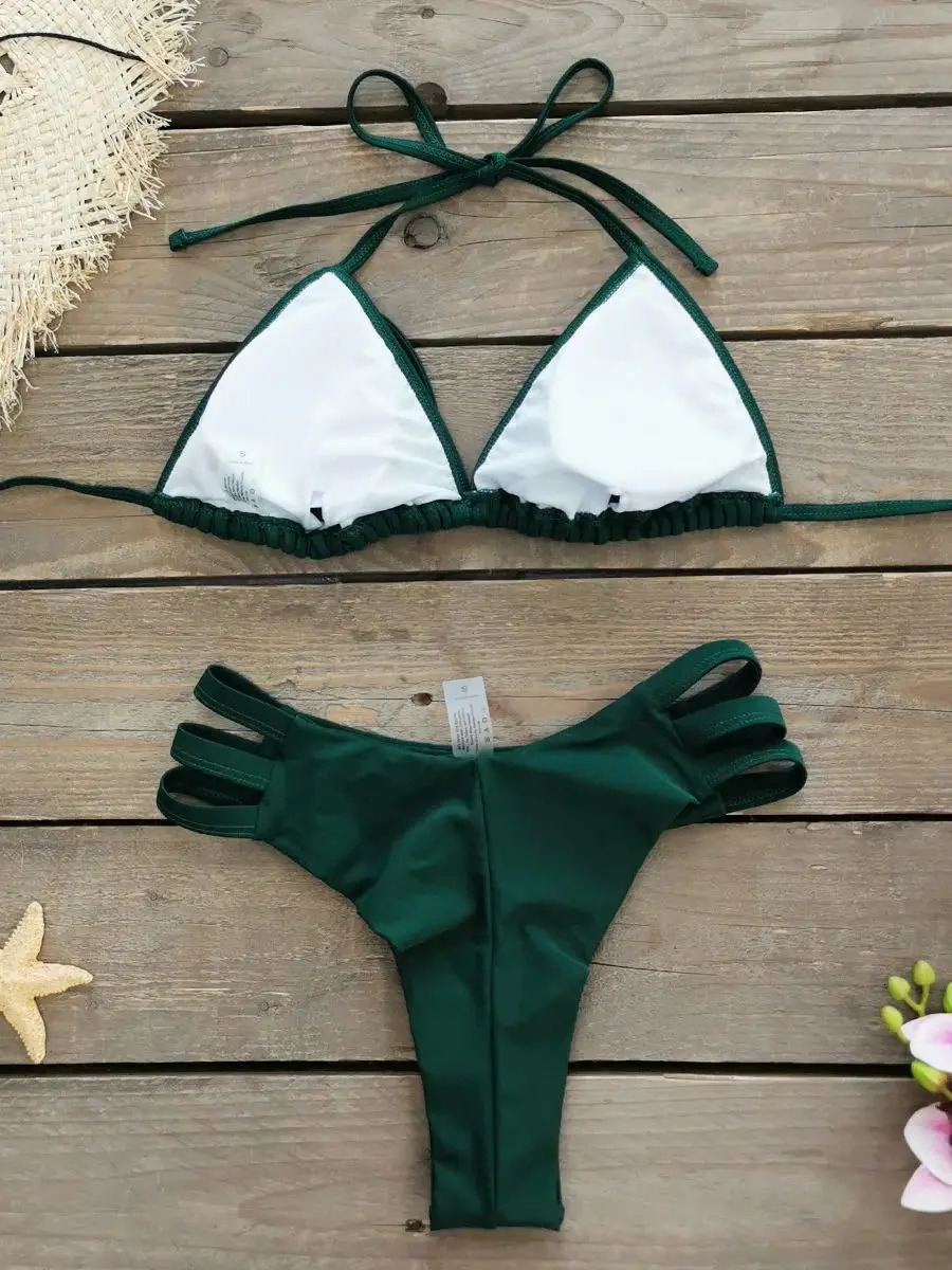Comfortable Brazilian G-String Swimwear Bandage Stripes Trim Halter Female Bikini Set 2024 Fashion Chest Pad Beachwear250107