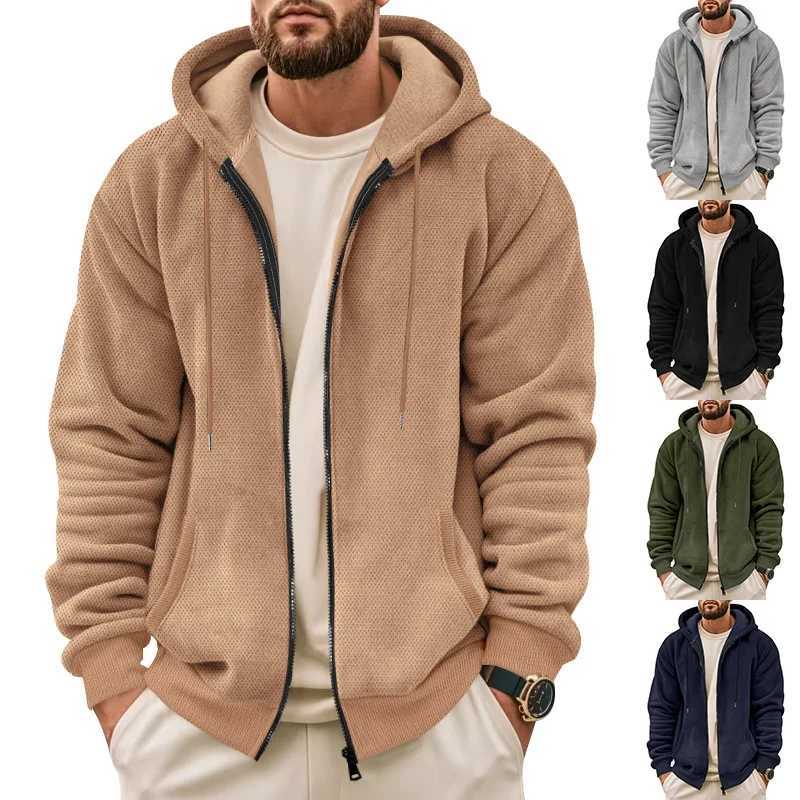 New mens sweater jacket for autumn and winter composite velvet zipper cardigan casual hooded sweater fashionable mens clothing W250108