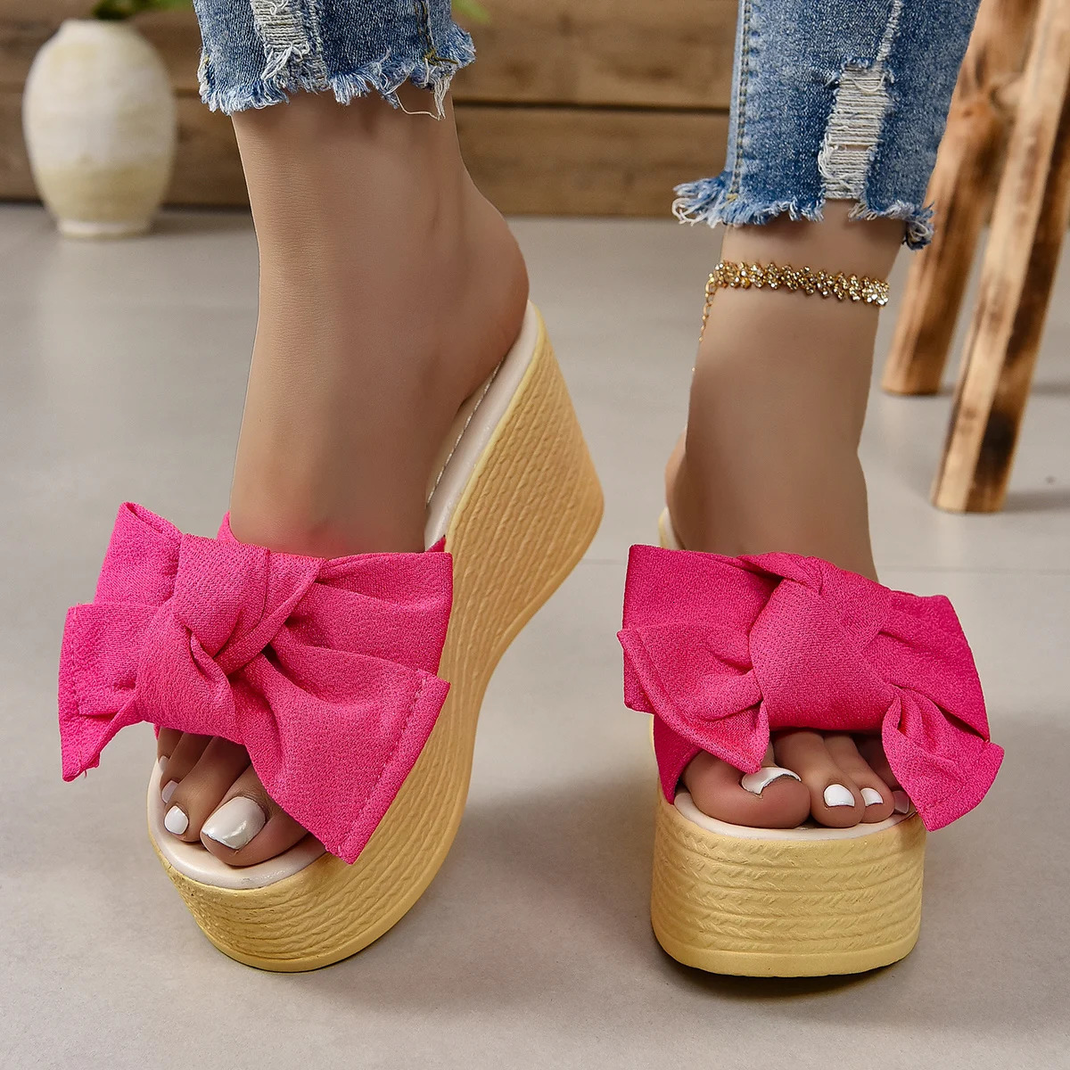 Aphixta Red Summer 9cm Wedge Heels Slippers Women Big Butterfly Mulers 4cm Platform Sandals Clog Shoe Slides Plus Size 43 250107