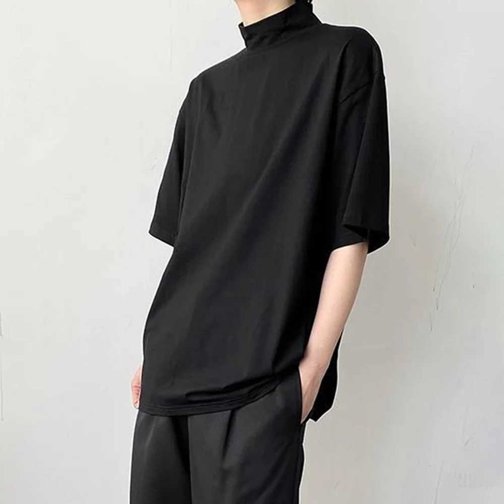 New semi high neck short sleeved T-shirt mens fashion brand loose fit fully matched half sleeved casual top solid color unisex clothing M250108