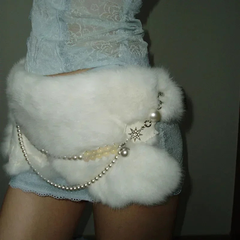 Sexy Rabbit Fur Belt Pearl Chain Y2K Furry Belt Vintage Cow Belts Gothic Punk Star Waistband HipHop Waistband Jeans Pants 250107