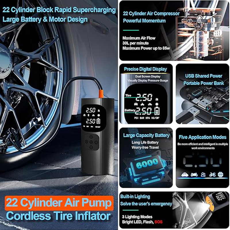 Cordless Precision Tyre Inflation Tool Compact 150 PSI Air Compressor for Easy Use on Automobiles, Motorbikes, EVs