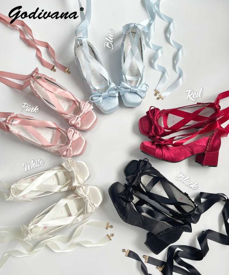 Original Lolita Square Toe Elegant Low Heel Satin Mary Jane Women Girls Sweet Bandage Ballet Shoes for Spring Autumn