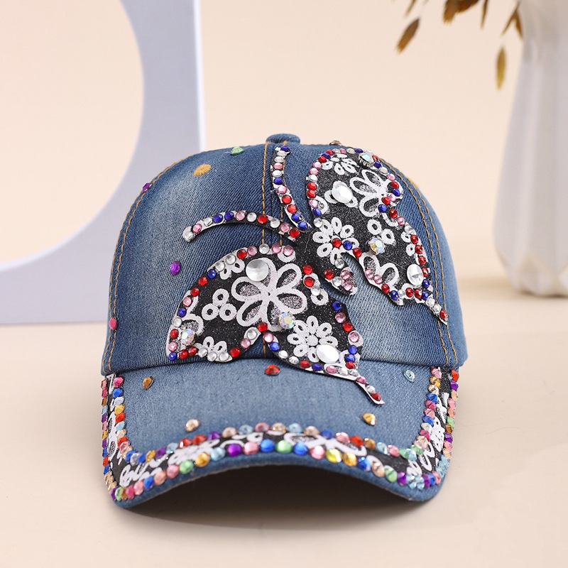 Casual versatile sun hat tide spring and fall inlaid diamond duck tongue hat female bow tie drill cowboy baseball cap sunscreen hat