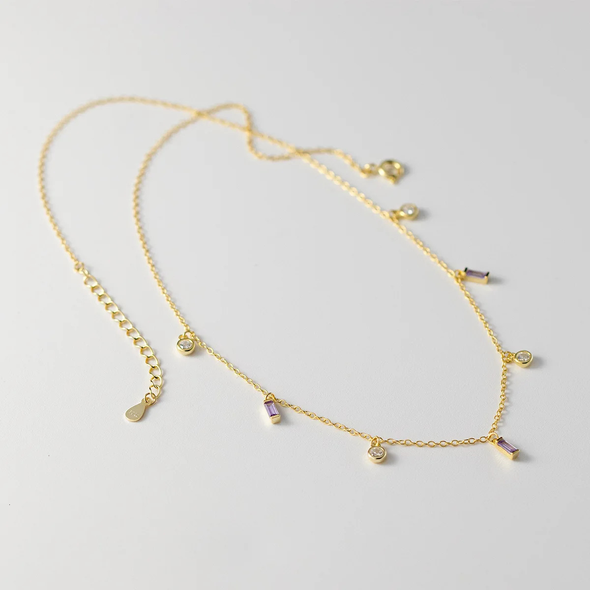 Female Elegant Gold Color 925 Sterling Silver Link Chain Necklace Purple Clear Stones Round Square Charm Necklace for Women250103