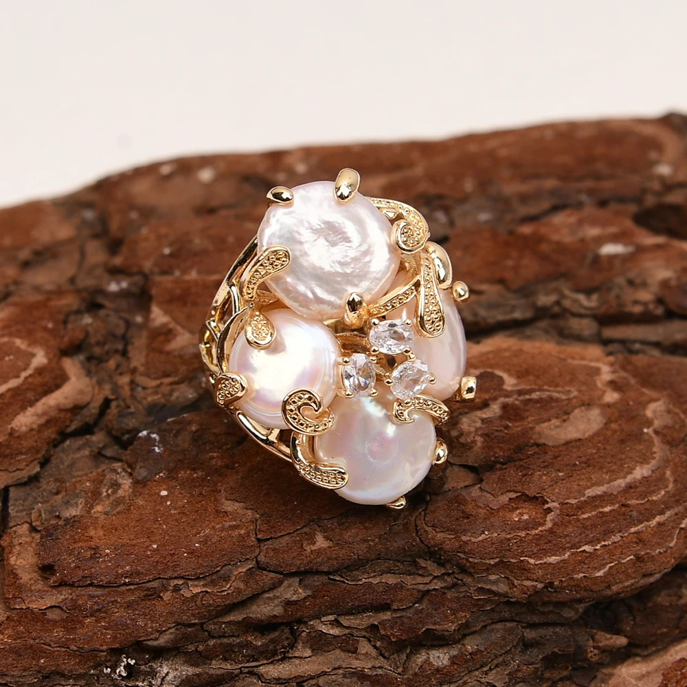 GG Big Natural White Keshi Coin Pearl Paved Clear Crystal Gold Plated Rings Adjustable Ring Gifts For Lady 250106