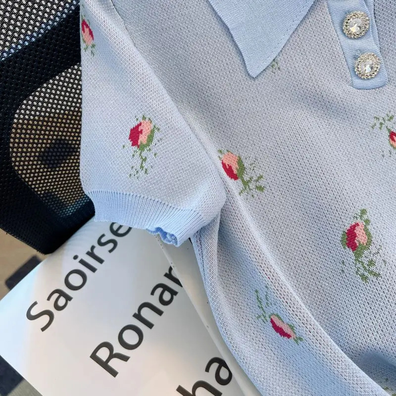 Vintage Womens Sweet Elegant Blue Print Short-sleeved Button Tops Summer Polo Collar Festival Knitted T-shirt Trend 250107