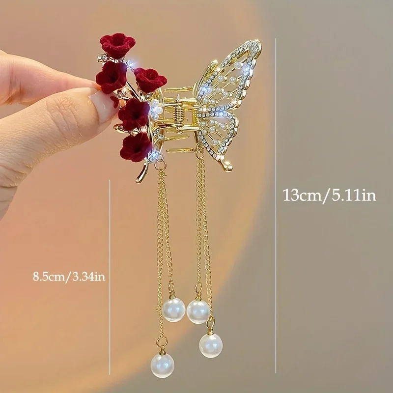 1pc Faux Pearl Tassel Hair Claw Clip Red Rose Jaw Clips Metal Shark Clips For Women Girls Hair Styling Accessories 250103