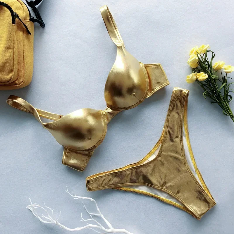 Metallic Summer Push Up Padded Bra Bathing Suit Beach Wear Women Sexy Thong Bikini Set Silver Gold Drop Biquini Swimwear 250106