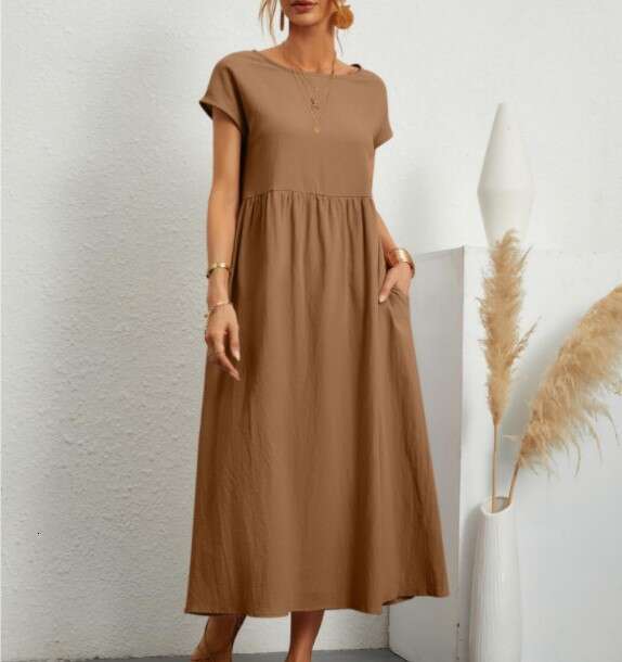 New European And American Solid Color Sleeveless Loose Cotton En Pocket Women's Dress Cross-Border