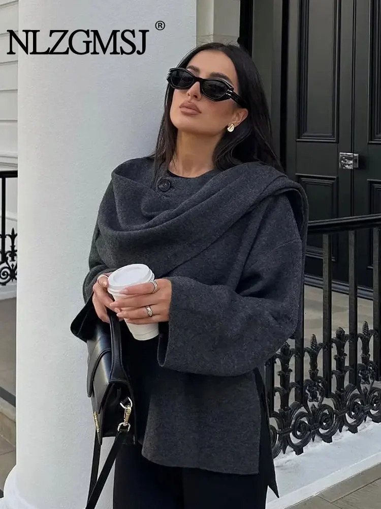 TRAF 2023 Winter Female Scarf Coat Long Sleeve Knitted Asymmetric Jackets For Women Streetwear Causal Coats 250103