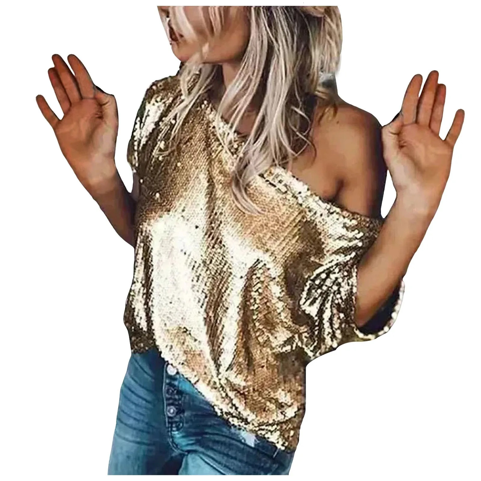 Women Elegant Blouses Shirts Asymmetrical Neck Short Sleeve Sequin Shirt Casual Shiny Tops Womens Seuqin Versatile Streetwears 250107