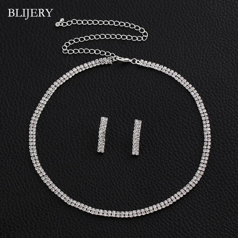 BLIJERY Silver Plated Crystal Bridesmaid Bridal Jewelry Sets Geometric Choker Necklace Earrings for Women Wedding 250103