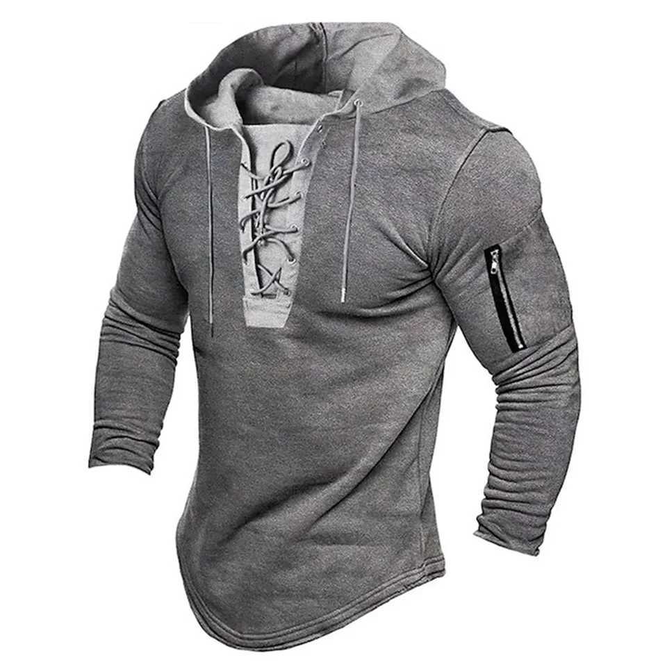 Mens Pullover Sweatshirt Solid Color Lace Up Casual Zipper Leisure Vacation Sports Hoodie W250108