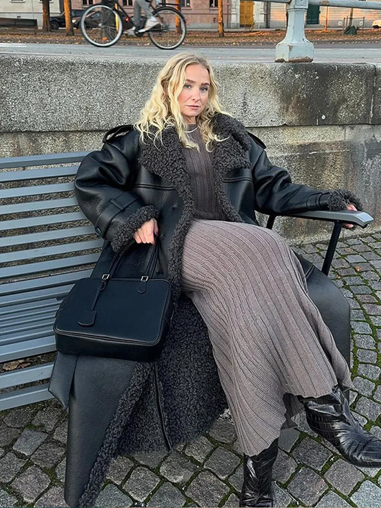 Women Black Lamb Wool Patchwork Leather Overcoat Fashion Lapel High Waist Pockets Jacket With Belt Winter Lady Street Warm Coats 250103