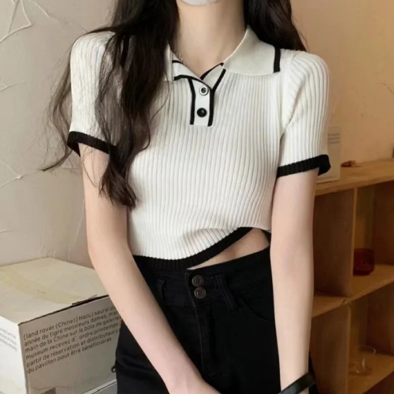 Contrast Color Polo Collar Shoulder Knitted Short Sleeves T-shirt Womens Summer Slim-Fitting Sense Niche Short Tops 250107