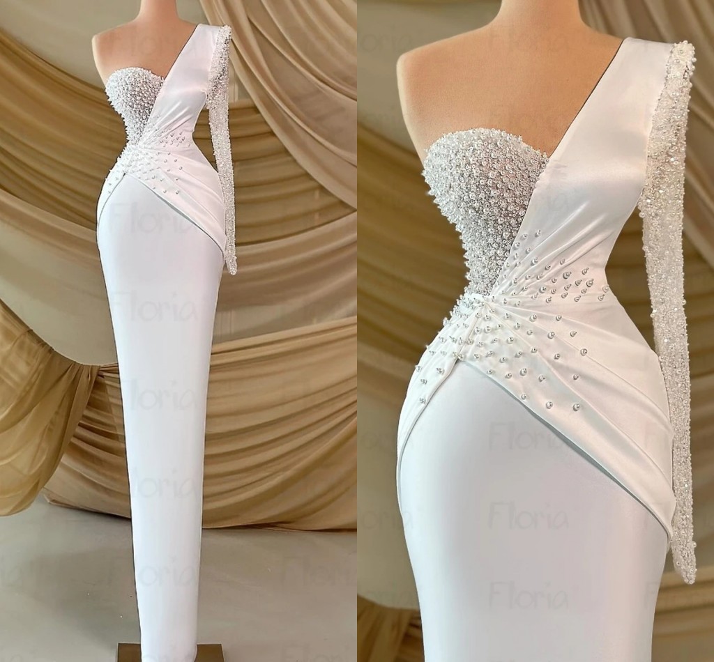 Evening White Engagement Dress One Shoulder Pearls Beads Sheath Satin Prom Formal Party Gowns Celebrity Style Robe De Soiree