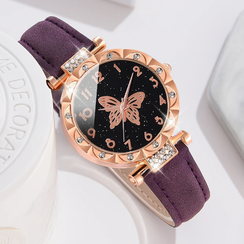 5PCSSet Purple Women Watch Fashionable Butterfly Element Dial Quartz Wristwatch Frosted Strap Jewelry Set Gift For Girls 241228