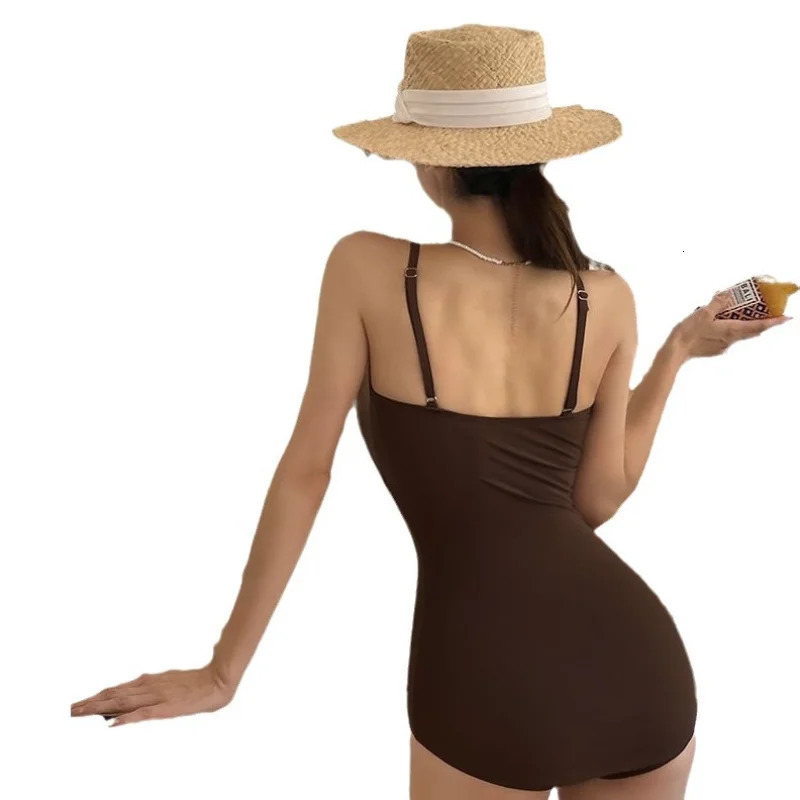 Sexy One Piece Solid Swimsuit with Cover Up Bathing Suit Women Swimwear Monokini Bandeau Korean Padded Beach Wear 250108