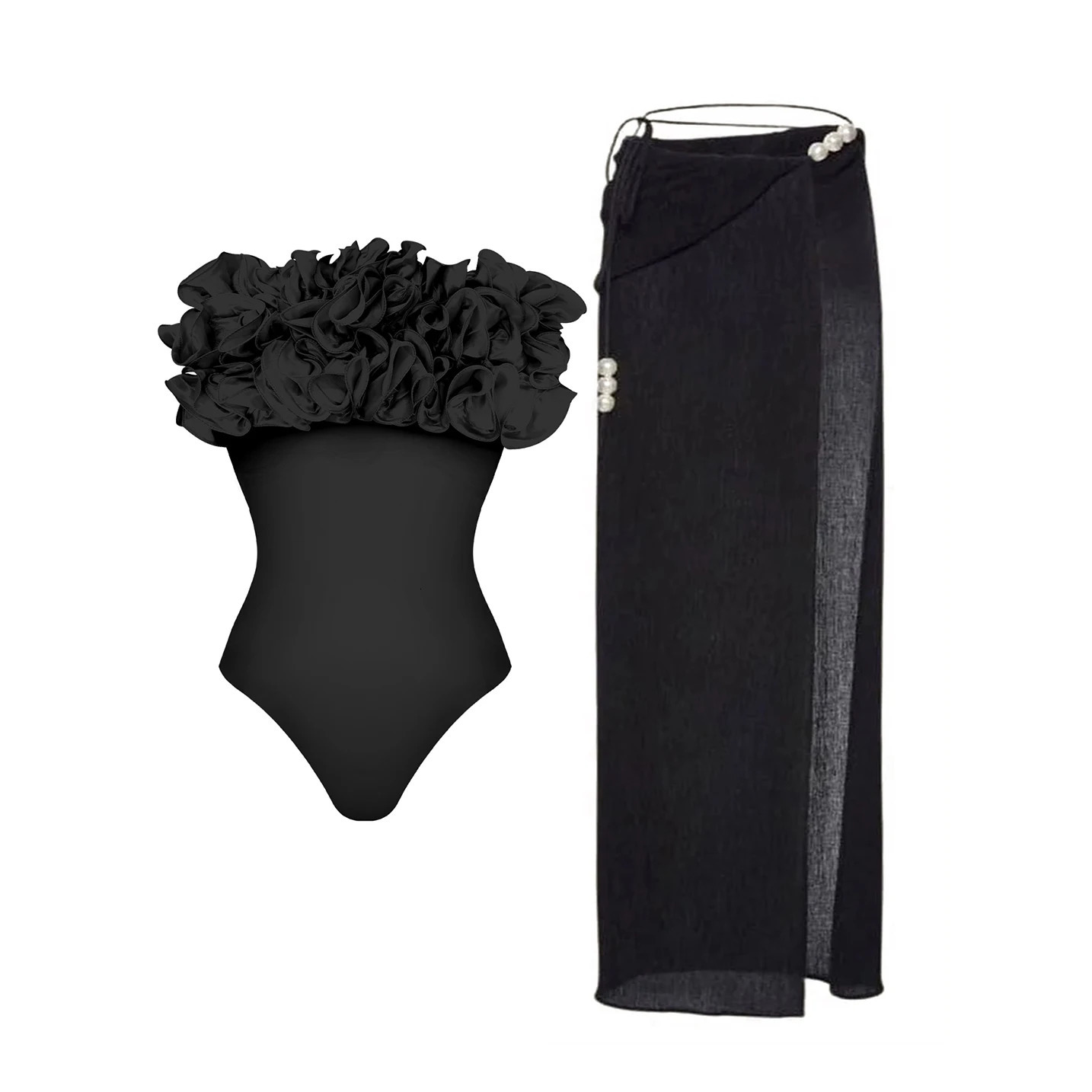 2Pc High Quality Woman Swimsuit Flower Ruffle Solid Bathingsuit Push Up Swimwear Off Shoulder Summer Suits Beachwear 250108