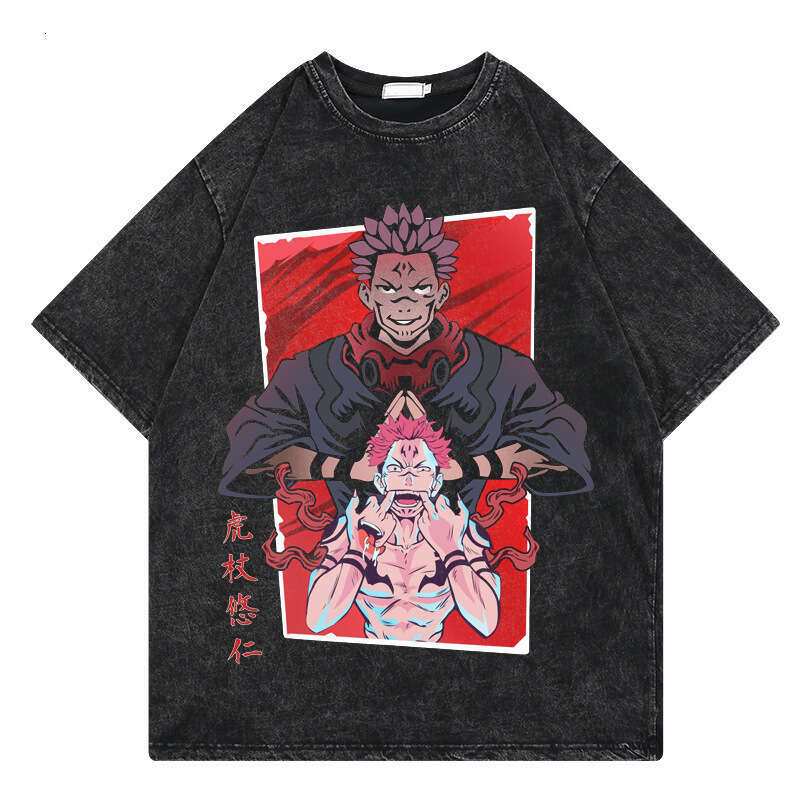 Washed T-shirt Street Hip Hop Anime Spell Battle Cartoon Printed Graphic Casual Cotton Summer Short Sleeve