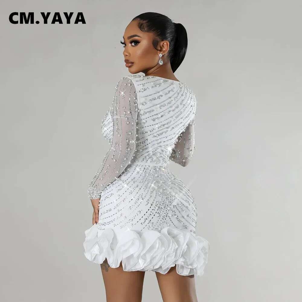 GLCMYAYA Spring Women Long Sleeve Ruffles Hot Drilg Bead Short Dress Sexy Night Club Evening Birthday Mini Dresses Vestidos