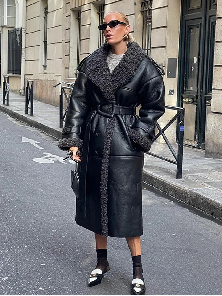 Women Black Lamb Wool Patchwork Leather Overcoat Fashion Lapel High Waist Pockets Jacket With Belt Winter Lady Street Warm Coats 250103