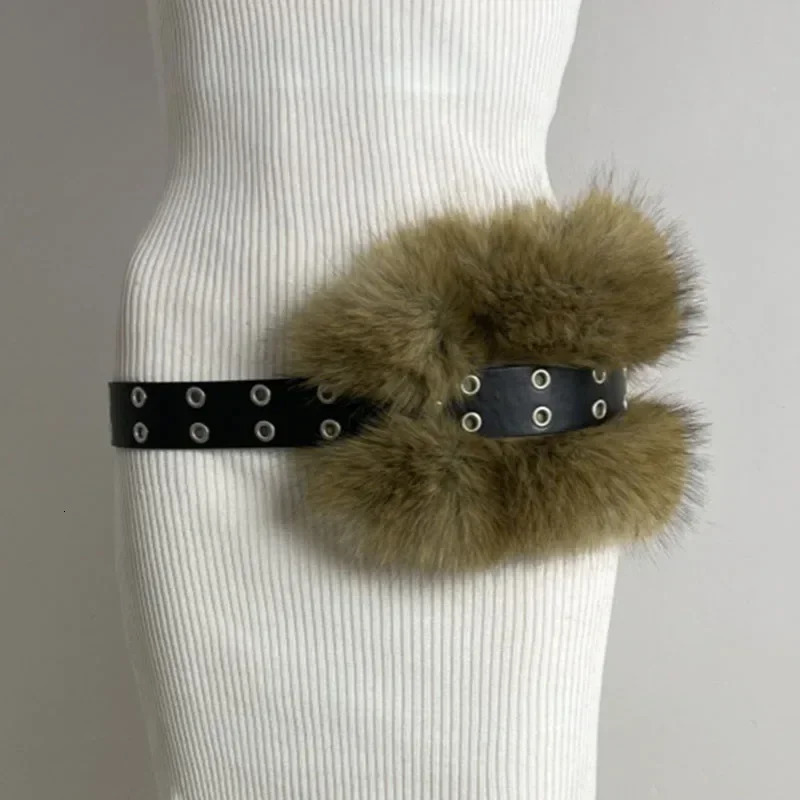 Punk Faux Fur Belt Y2K Metal Studded PU Leather Plush Waist Chain Faux Fur Belts Furry Sexy Vintage Waistband Hiphop Jeans Belt 250107