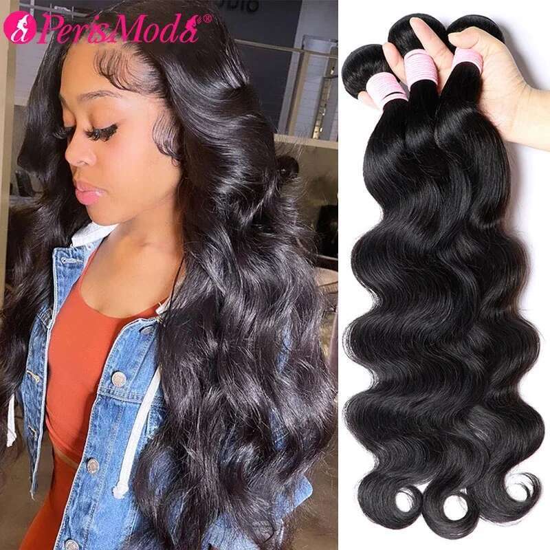 Perismoda Body Wave Human Brazilian Weaving Natural Black 3 4 Bundles Deal Virgin 30 Inch Raw Hair