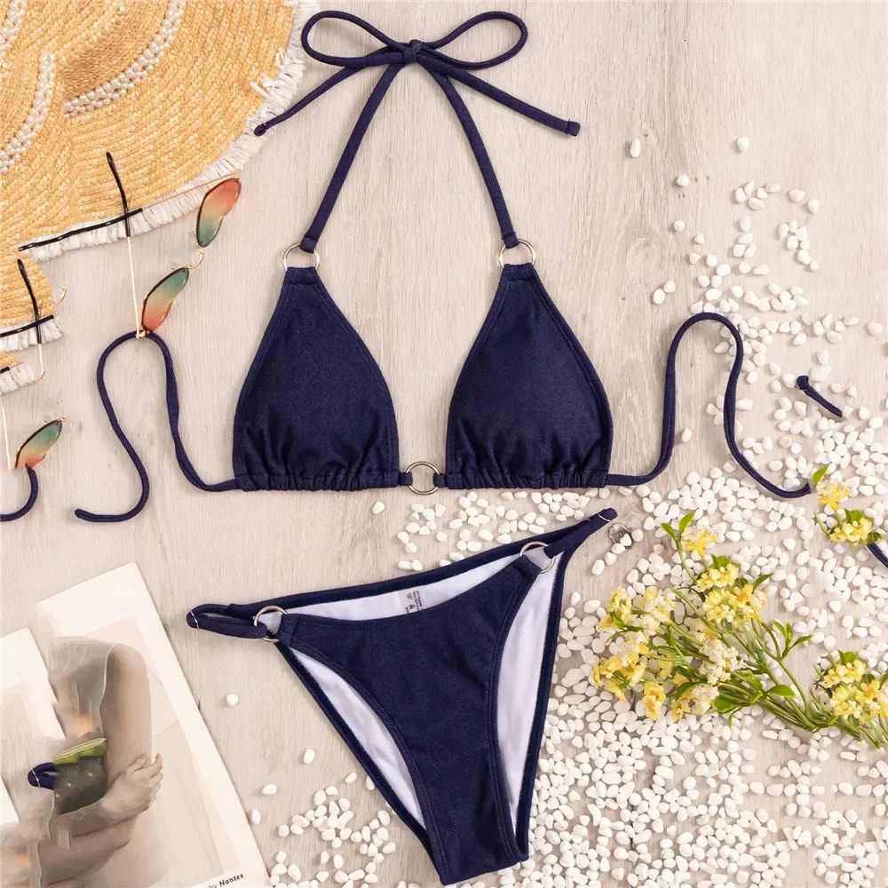 Dark Blue Denim Swimwear Sexy Swimsuit String Halter Thong Micro Bikini 2025 Women Metal Ring High Cut Bathing Suit Bikinis Sets 250107