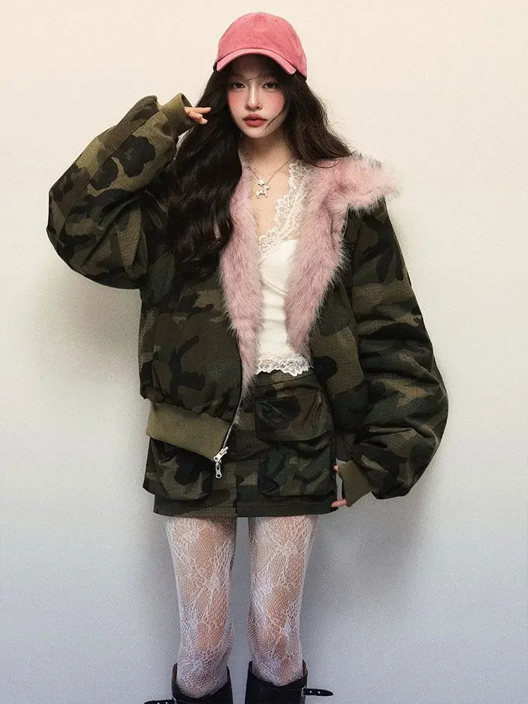 Winter American Retro Pink Fur Hooded Workwear Thickened Short Jacket Skirt Two-piece Suit for Women 241225