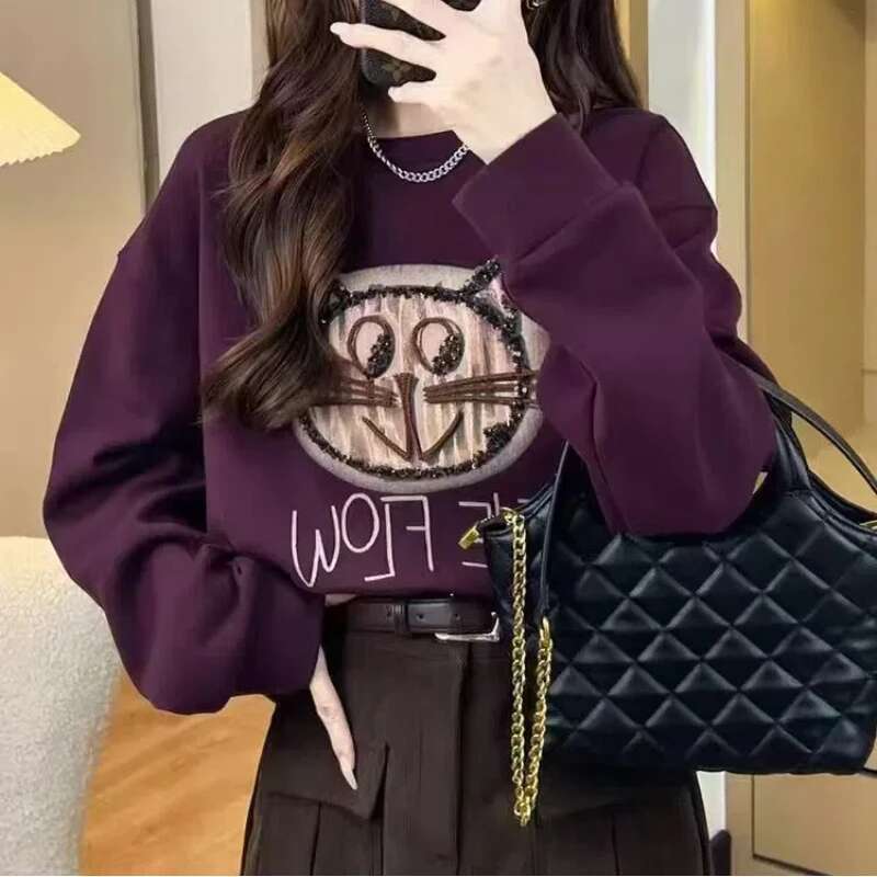 Women's Autumn And Winter Pullover With Cartoon Letter Print Lantern Long Sleeves Casual Fashion Designer Hoodie Fashionable And Sweet Top