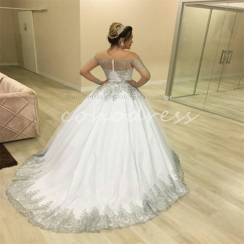Saudi Arabic Silver And White Wedding Dress Viking Sparkly Sequin Long Sleeve Plus Size Civil Country Bride Dress 2025 Muslim Dubai Vestio De Novia Ca