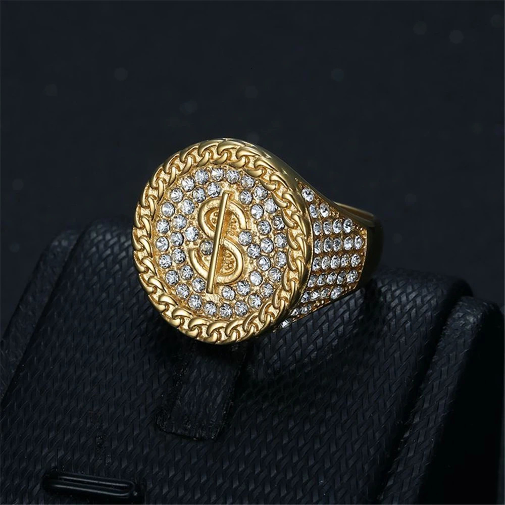 Wholesale Hip Hop Iced Out Big Dollar Signs Ring Male Gold Color Stainless Steel Money Band Rings For Men Dad Hiphop Jewelry 250107