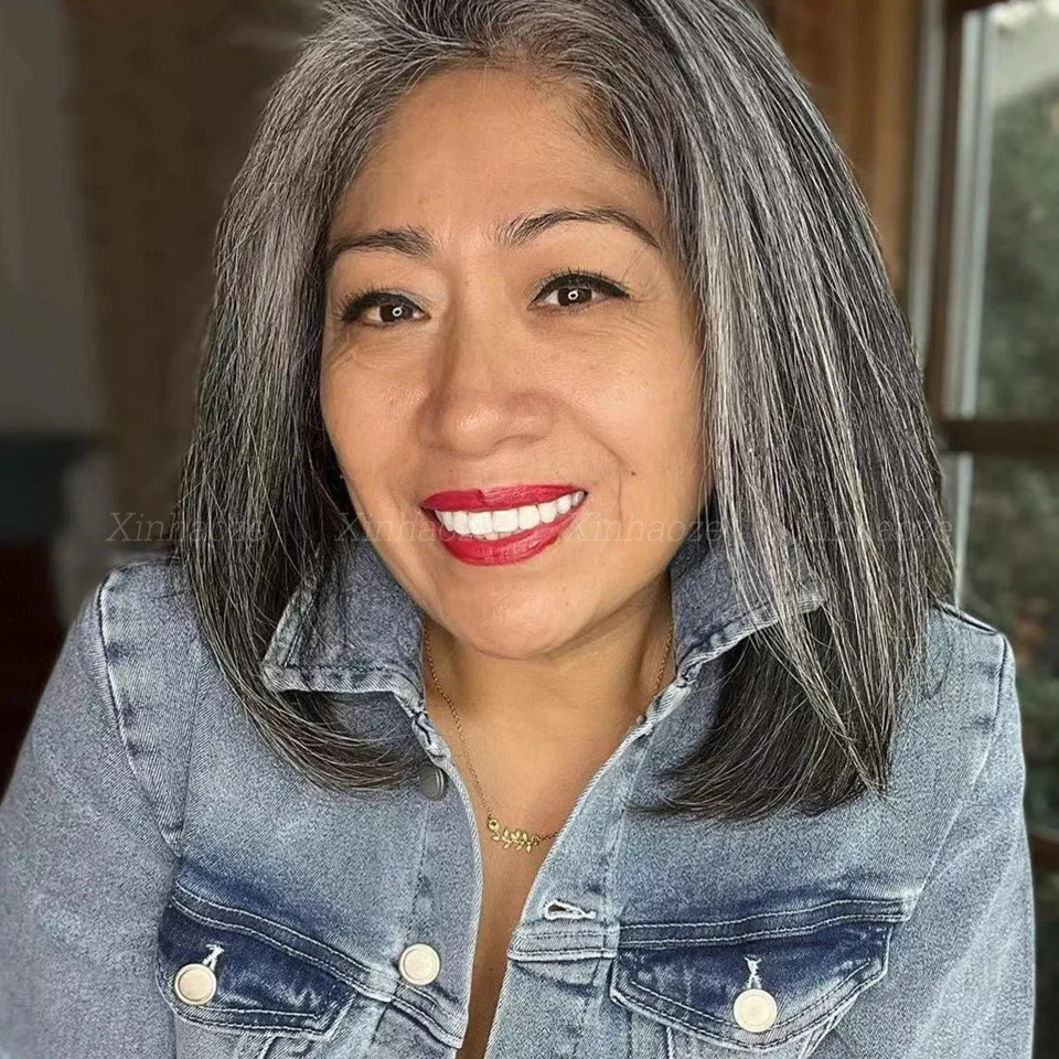 Salt and Pepper Grey Human Hair Wig Short Straight Bob Human Hair 4x4 Lace Frontal Wigs Straight Short Bob Grey Mix Black Wigs