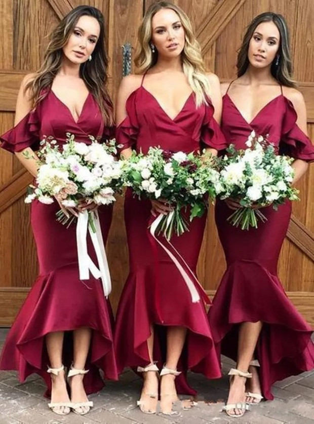 Vintage Burgundy Spaghetti Mermaid Bridesmaid Dresses Off Shoulder Hi-Lo Formal Prom Evening Gown Long Miad Of Honor Dresses 0108