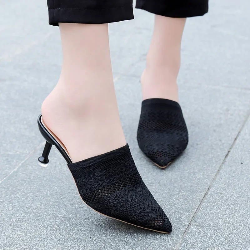 Knit Mesh Breathable Slippers High Heels Mules Women Summer Shoes Pointed Toe Party Ladies Shoes Pantuflas De Mujer Zapatos 250107