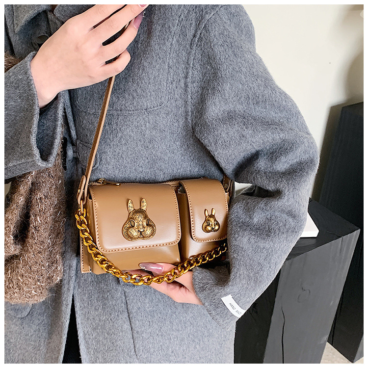Brand Designer PU Leather Women's Shoulder Retro Chain Metal Rabbit Crossbody Bag Flap Handbag