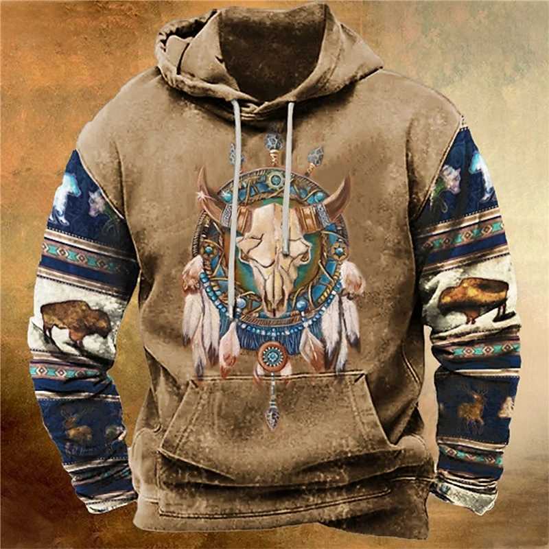 Retro ethnic graphic hoodie fashionable casual long sleeved 3D printed sports shirt mens streetwear oversized outdoor zipper W250108
