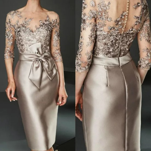 Champagne 2024 Lace Appliqued Mother of the Bride Dress Satin Knee-Length Evening Gown 0108