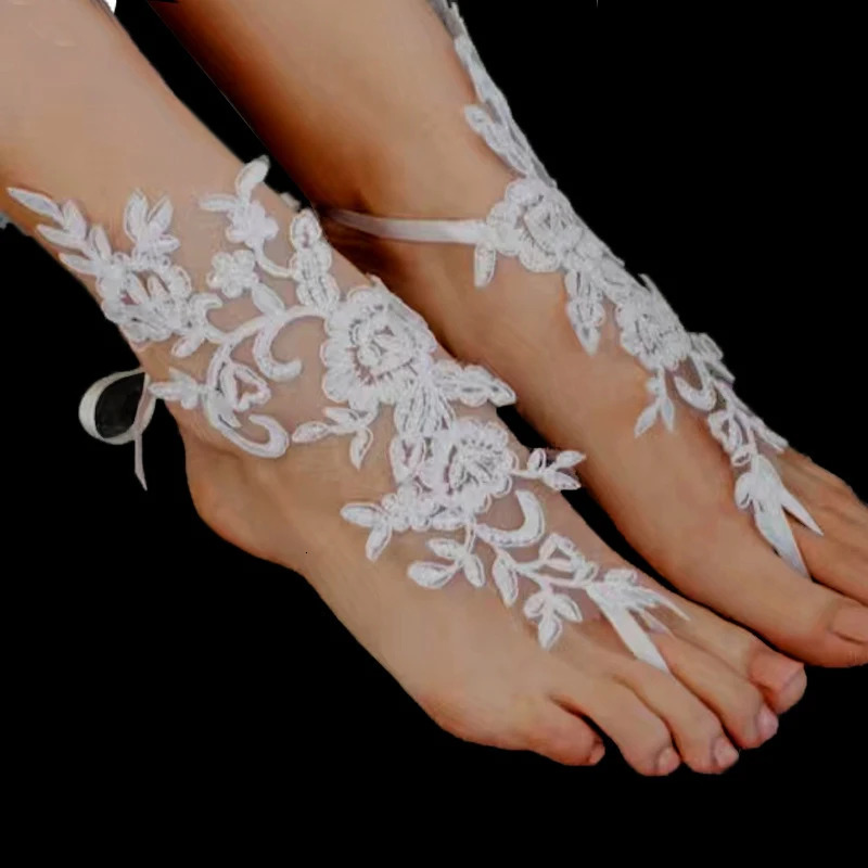 White Wedding Anklets Lace Barefoot Chain Applique Accessories Lady Bridal Beach Foot Jewelry Chain Embroidery Floral Flower 250107
