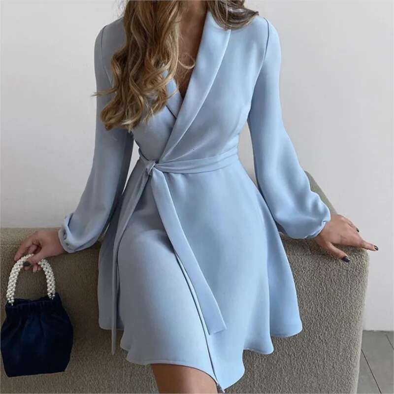 Women Summer Style One-Piece Color Blocked Dress With V-Neck Long Sleeved High Waisted Lace Up Retro Ral Short Skirt